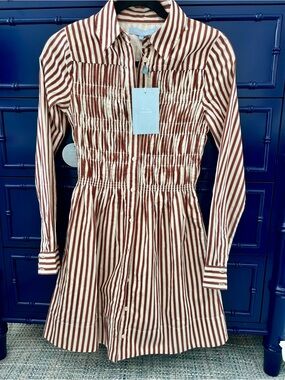 Hill House Brown and Cream Striped Shirt Dress XXS NWT Very Flattering Fit